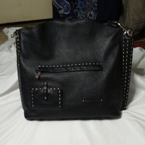 BCBG Max Azria Black Leather Shoulder Bag with Chrome Accents
